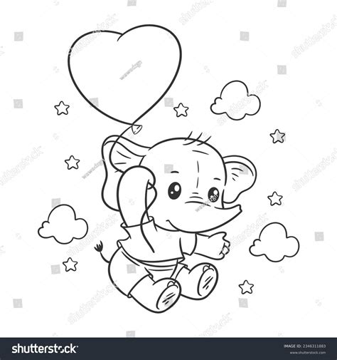 Cute Baby Elephant Flying Balloons Coloring Stock Vector Royalty Free