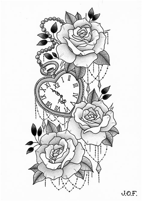 Roses With Heart Shaped Clock Pocket Watch Tattoo Design