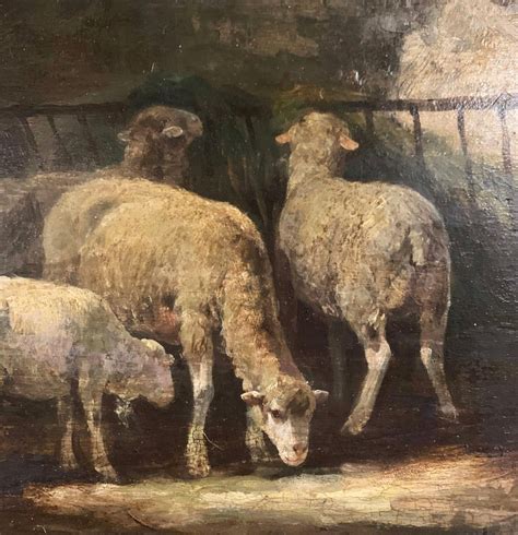 19th Century French Signed Oil On Board Sheep Painting In Carved Gilt