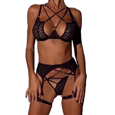 Tuwabeii Women S Black Lingerie Set Leopard Print Hollowed Out