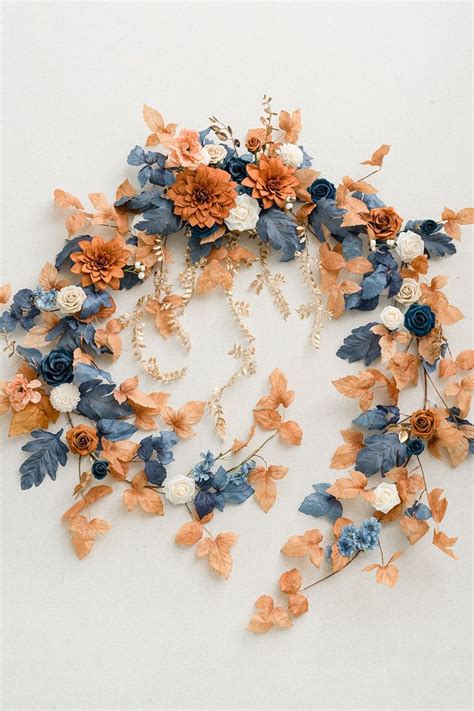 Ft Head Table Flower Garland In Russet Orange Denim Blue In