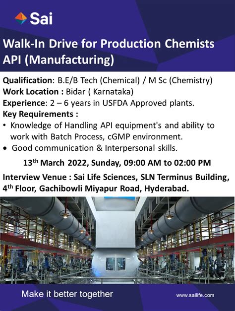 Sai Life Sciences Ltd Walk In Interviews For Production Chemists On