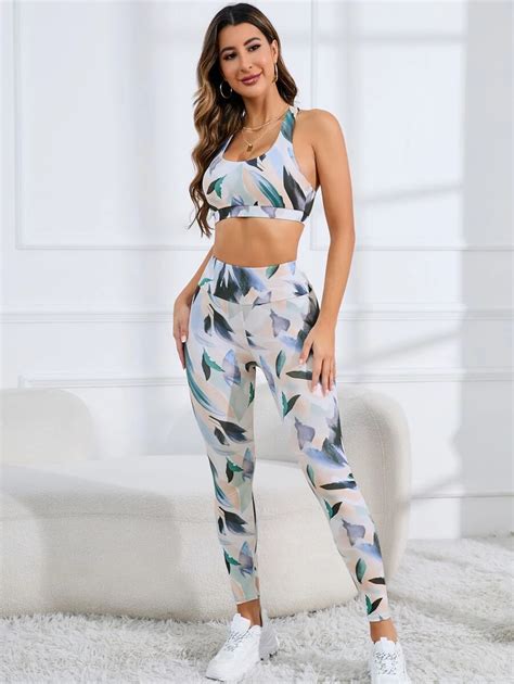 Shein Sport Studio Pcs Seamless Allover Print Yoga Set Gym Suit