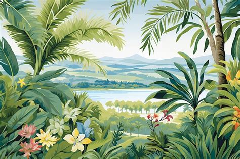 Premium Vector | A painting of a tropical scene with flowers and trees