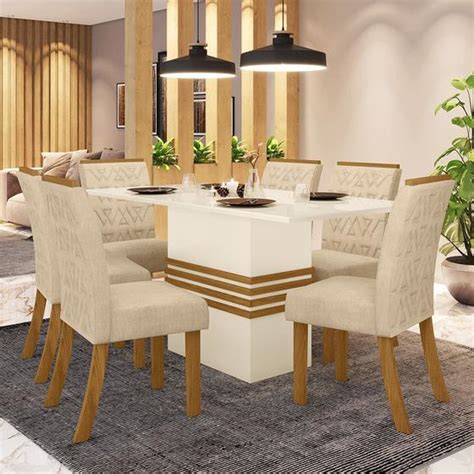 Conjunto Sala De Jantar Mesa 160cm Tampo MDF 6 Cadeiras Melinda Casa