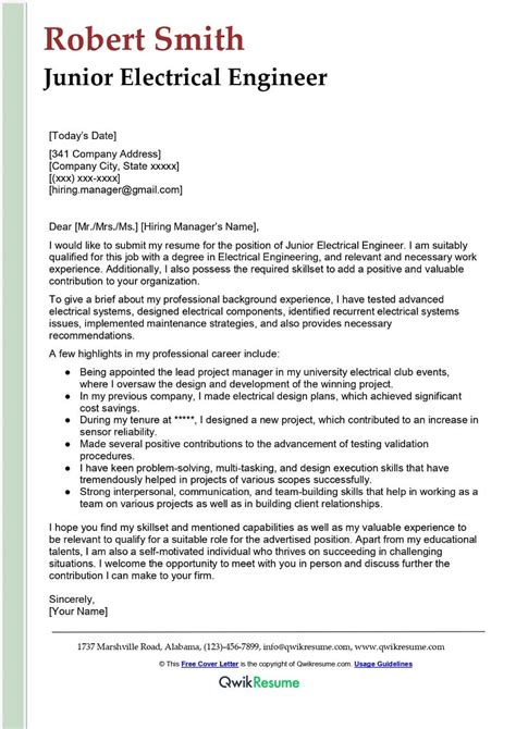 Junior Electrical Engineer Cover Letter Examples Qwikresume