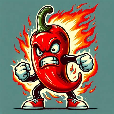 Fiery Hot Pepper Personaje De Dibujos Animados Con Llamas Y Expresi N Enojada Vector Premium