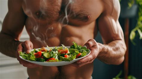 Athletic Guy With A Muscular Torso Healthy Eating A Plate Of Salad