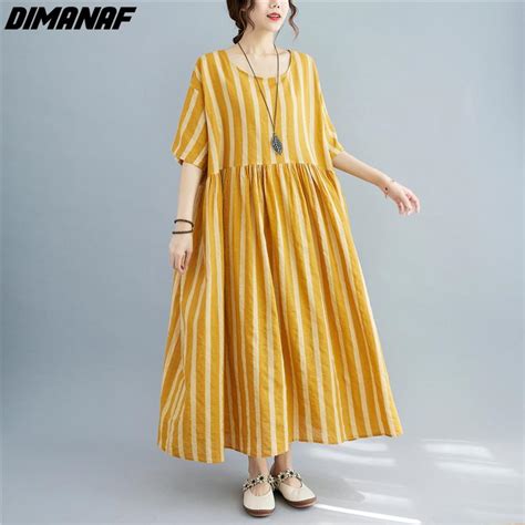 Buy Dimanaf Women Dress Summer Plus Size Beach Sundress Linen Bohemian Print Striped Fashion