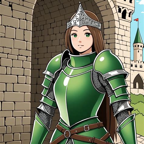 Female Knight In Green Armour Castle Setting