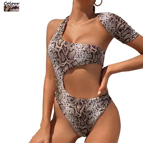 Women Snakeskin Print Hollow Out Backless Thong Bikini Trikini