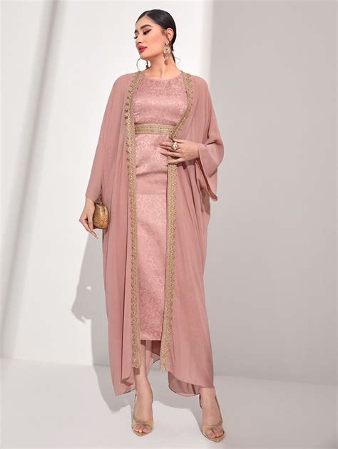 Shein Najma Floral Jacquard Contrast Tape Batwing Sleeve Coat Dress