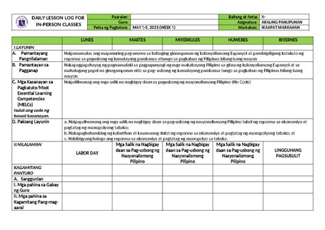 AP 5 WEEK 1 DAILY LESSON LOG FOR IN PERSON CLASSES Paaralan Baitang