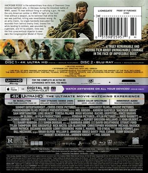 Hacksaw Ridge Andrew Garfield 4K UHD Blu Ray 2017 Summit