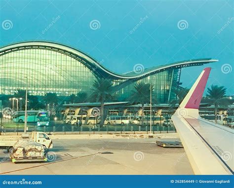 Doha Qatar December 3 2016 Exterior Of Hamad International Airport At Night As Seen From