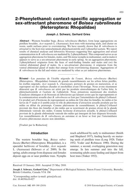 Pdf Phenylethanol Context Specific Aggregation Or Sex Attractant Pheromone Of Boisea