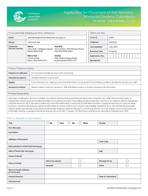 Fillable Online Application For Placement Of Ash Remains Memorial