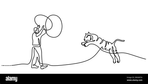 Continuous One Single Line Of Man Playing With Big Tiger Isolated On