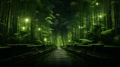 Premium Ai Image Dreamy Green Bamboo Forest At Night In Kyoto With A Path