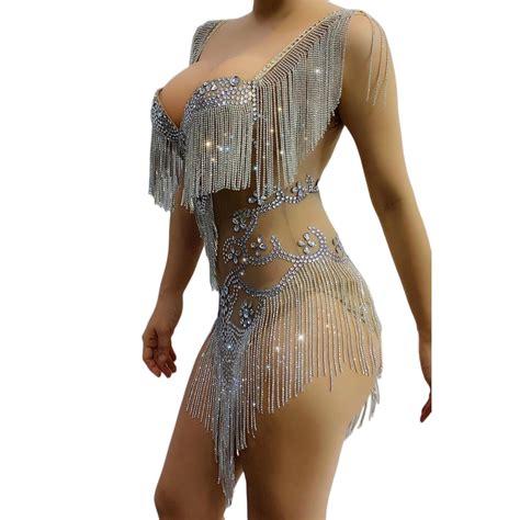 Rhinestones Fringes Mesh Bodysuit Crystal Chains