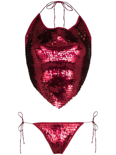 Oséree sequin embellished Bikini Set Red FARFETCH