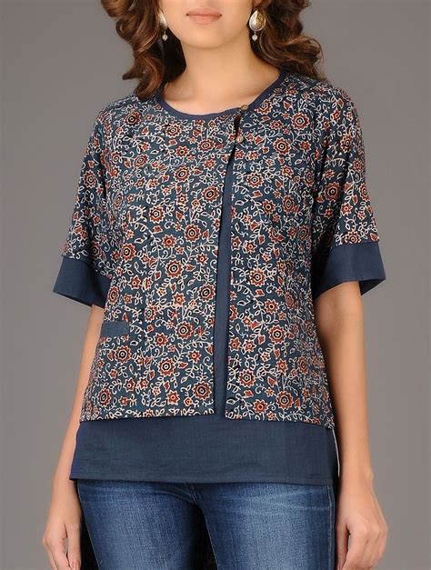 Buy Indigo Red Ajrakh Printed Asymmetrical Cotton Top Women Tops Winter