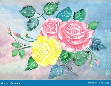 Arte Del Ramo De Las Rosas Rosadas Y Amarillas De La Acuarela Flores Y Hojas Color De Rosa