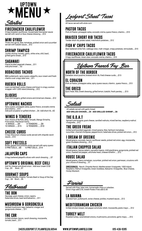 Uptown Food Menu Uptown Plainfield