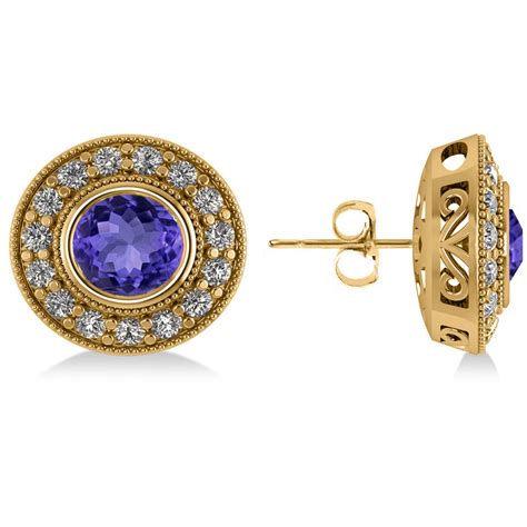 Tanzanite Diamond Halo Round Earrings K Yellow Gold Ct Ad