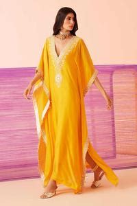 Buy Yellow Muslin Embroidered Dori Deep V Neck Starry Day Yoke Kaftan