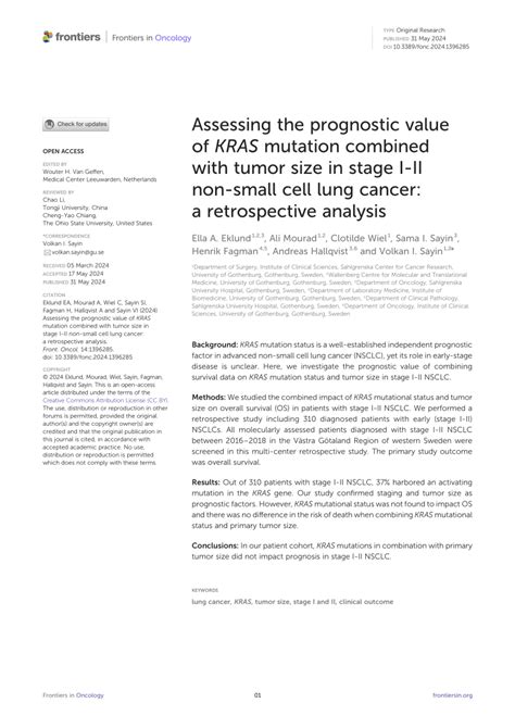 Pdf Assessing The Prognostic Value Of Kras Mutation Combined With Tumor Size In Stage I Ii Non