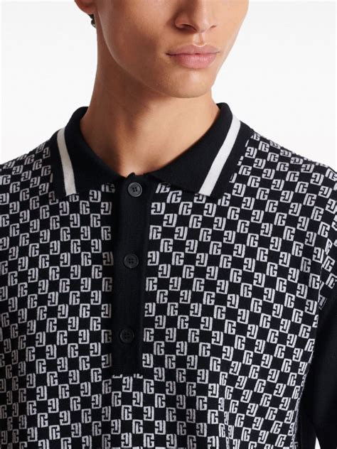 Balmain Monogram Pattern Wool Polo Shirt In Black ModeSens