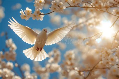 A White Dove Is Flying In The Sky In Light Sun Rays Stock Photo Image