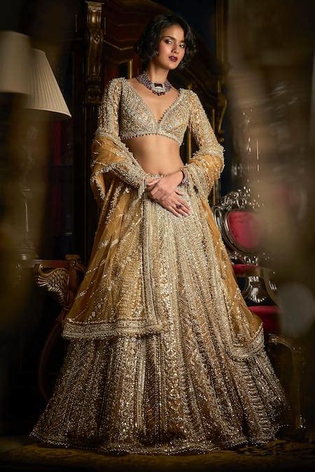 Buy Gold Net Embroidered Zari Plunge V Mirror And Bead Bridal Lehenga