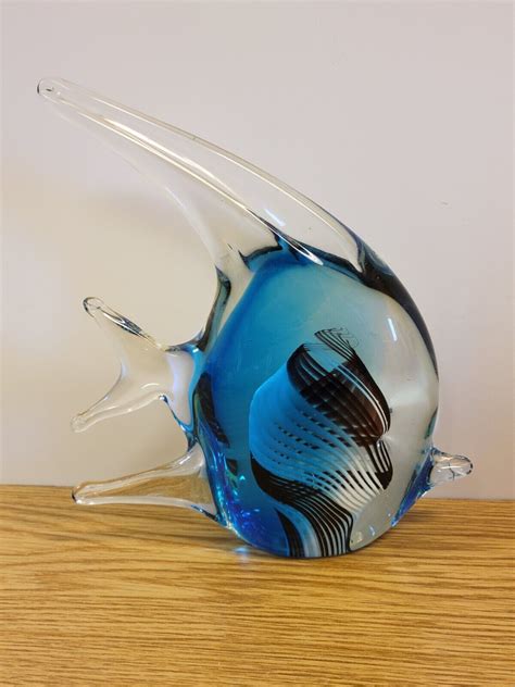 New Hand Blown Art Glass Angel Fish Figurine Sculpture Blue Black