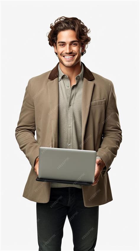 Premium Photo Young Man Standing Holding Laptop And Looking At Camera