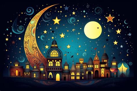 Premium Photo Hand Draw Decorative Eid Mubarak With Colorful Moon