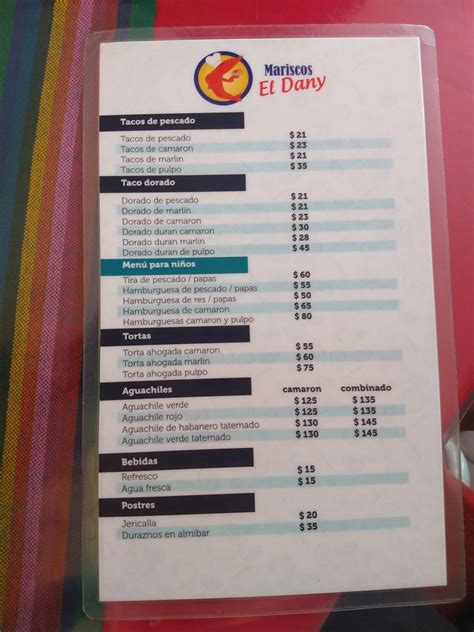 Carta Del Restaurante Mariscos El Dany Guadalajara Av 5 Del Febrero