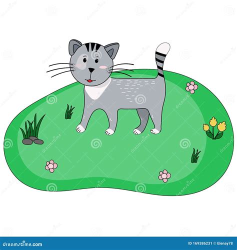 Standing Farm Cat Is In Cartoon Style Smiling House Cat Is Walking In