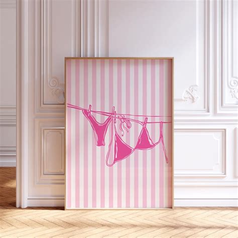 Pink Bikini Print Stripes Wall Art Beachy Retro Poster Coastal
