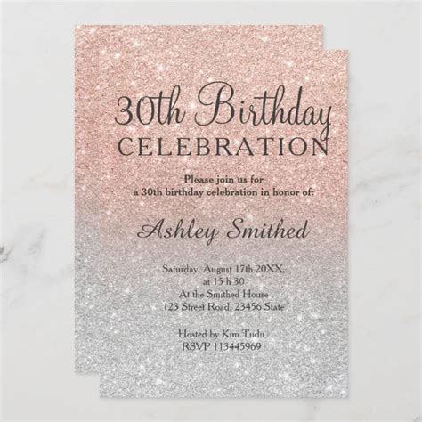 Rose Gold Faux Glitter Silver Ombre 30th Birthday Invitation Zazzle