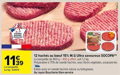 Promo 12 Hachés Au Boeuf 15 M g Ultra Savoureux Socopa chez Carrefour