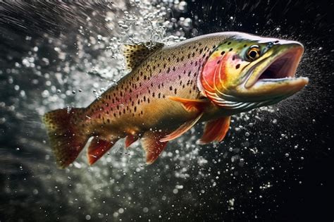 Premium AI Image Rainbow Trout Splashing In The River Fishing Fish