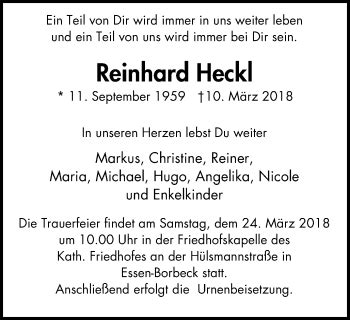 Traueranzeigen Von Reinhard Heckl Trauer In Nrw De