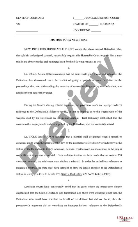 Louisiana Motion For New Trial And Order Long Motion For New Trial