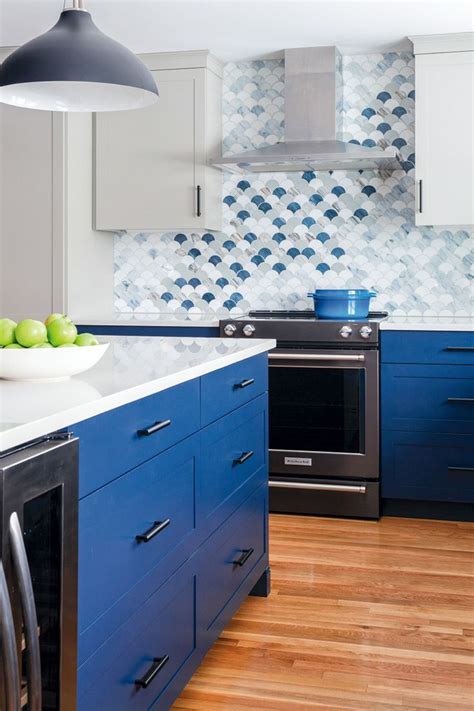 Cobalt Blue Kitchen With Faded Scalloped Shell Backsplash Cobalt Blue