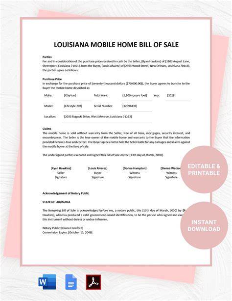 Louisiana Rv Bill Of Sale Template Google Docs Word Pdf Template Net