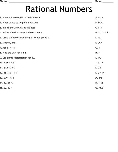 Rational Numbers Worksheet Wordmint