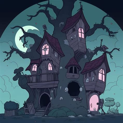 Premium AI Image | A cartoon illustration of a tree house with a moon ...