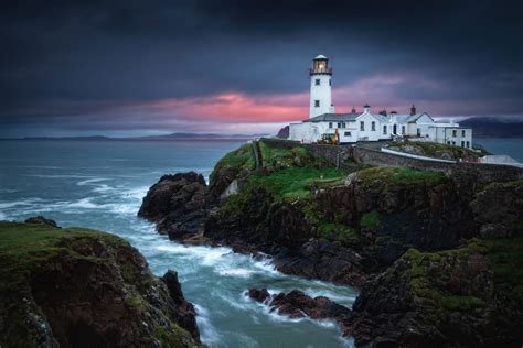 Wallpaper Ireland Red Sea Sky Lighthouse Clouds Sunrise